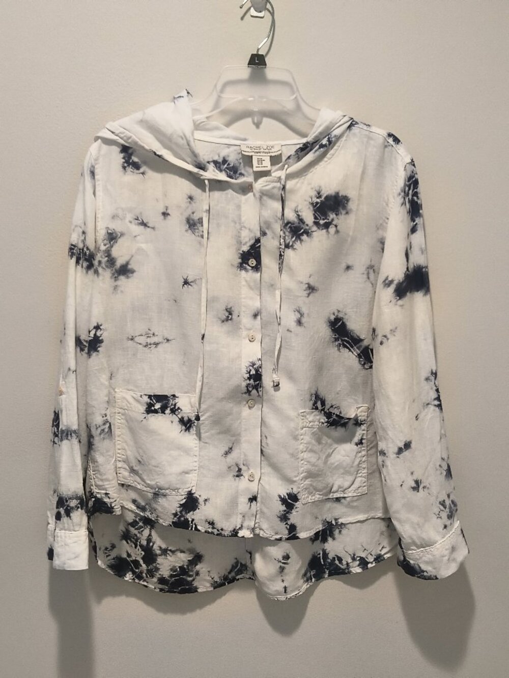 Rachel Zoe  white and blue tie-dye linen button-down hooded top size M